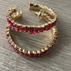 Pink Crystal and Gold Hoop Earrings